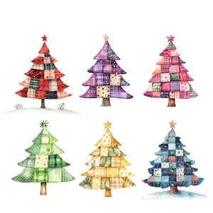 15 Patchwork Christmas Trees Clipart Bundle, PNG & JPG, Printable Patchwork, Illustrations, Digital Download, Scrapbook Crafts, Quilt Image