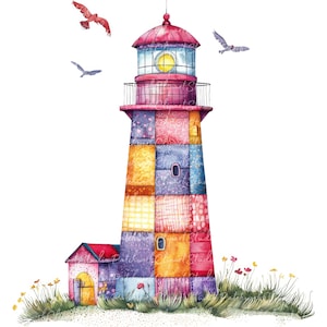 10 Lighthouse Clipart Bundle, PNG & JPG, Printable Patchwork Lighthouse Illustrations, Digital Download, Scrapbook Crafting, Quilt Image