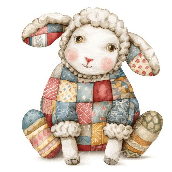 10 Lambs Clipart Bundle, PNG & JPG, Printable Patchwork Lamb, Illustrations, Digital Download, Scrapbook Crafting, Spring Quilt Image