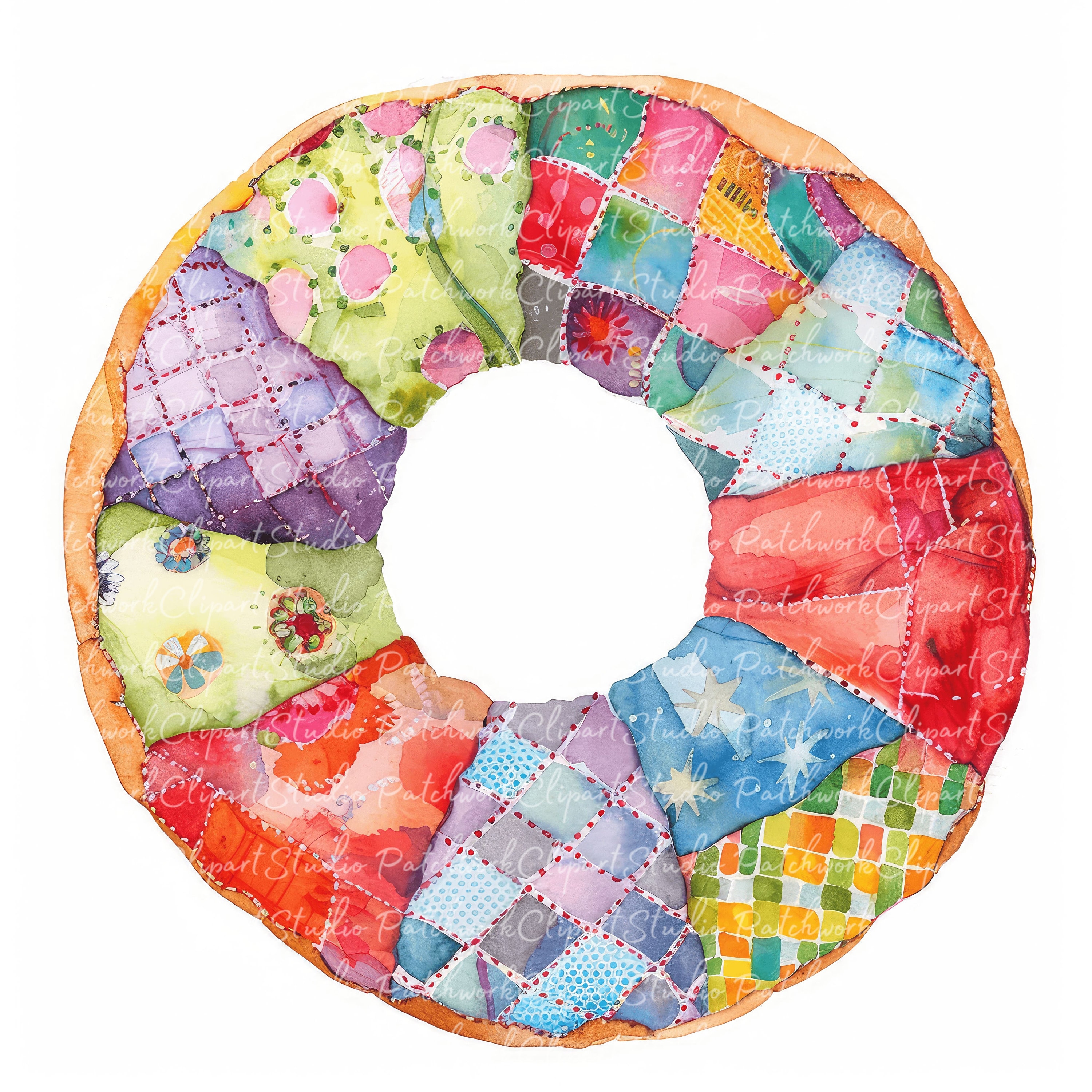 10 Donuts Clipart Bundle, Printable Patchwork Donut, Quilted Fabric