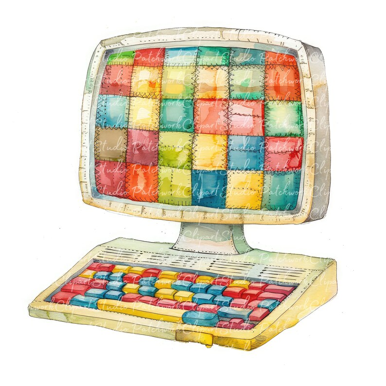 10 Computers Clipart Bundle, Printable Patchwork Computer, Quilted ...
