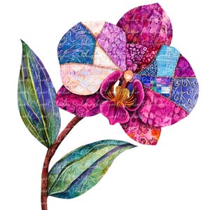 Può includere: Illustrazione ad acquerello di un fiore di orchidea patchwork. I petali sono un mix di tessuti rosa, viola e blu con motivi intricati. Lo stelo è marrone e le foglie sono verdi con accenti dorati. Il design generale è artistico e dettagliato.