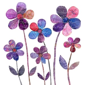 10 Purple Flowers Clipart Bundle, PNG & JPG Printable Patchwork Illustration, Digital Download, Scrapbook Crafts, Simple Flowers Quilt Image