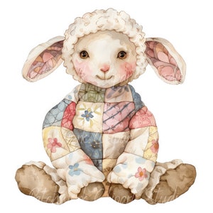 May include: A white lamb with a patchwork quilt-style coat in shades of pink, blue, green, and yellow. The lamb has a sweet expression and is sitting with its legs crossed.