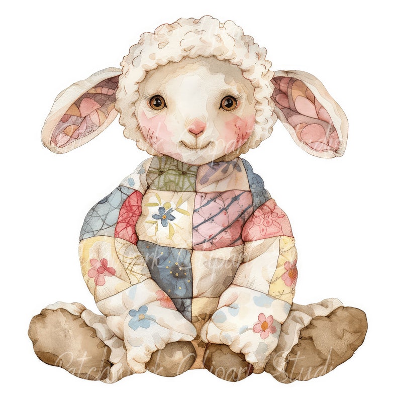 May include: A white lamb with a patchwork quilt-style coat in shades of pink, blue, green, and yellow. The lamb has a sweet expression and is sitting with its legs crossed.