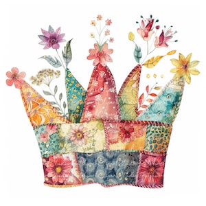 10 Floral Crown Clipart Bundle, PNG & JPG, Printable Patchwork Crown, Illustrations, Digital Download, Scrapbook Crafting, Quilt Image