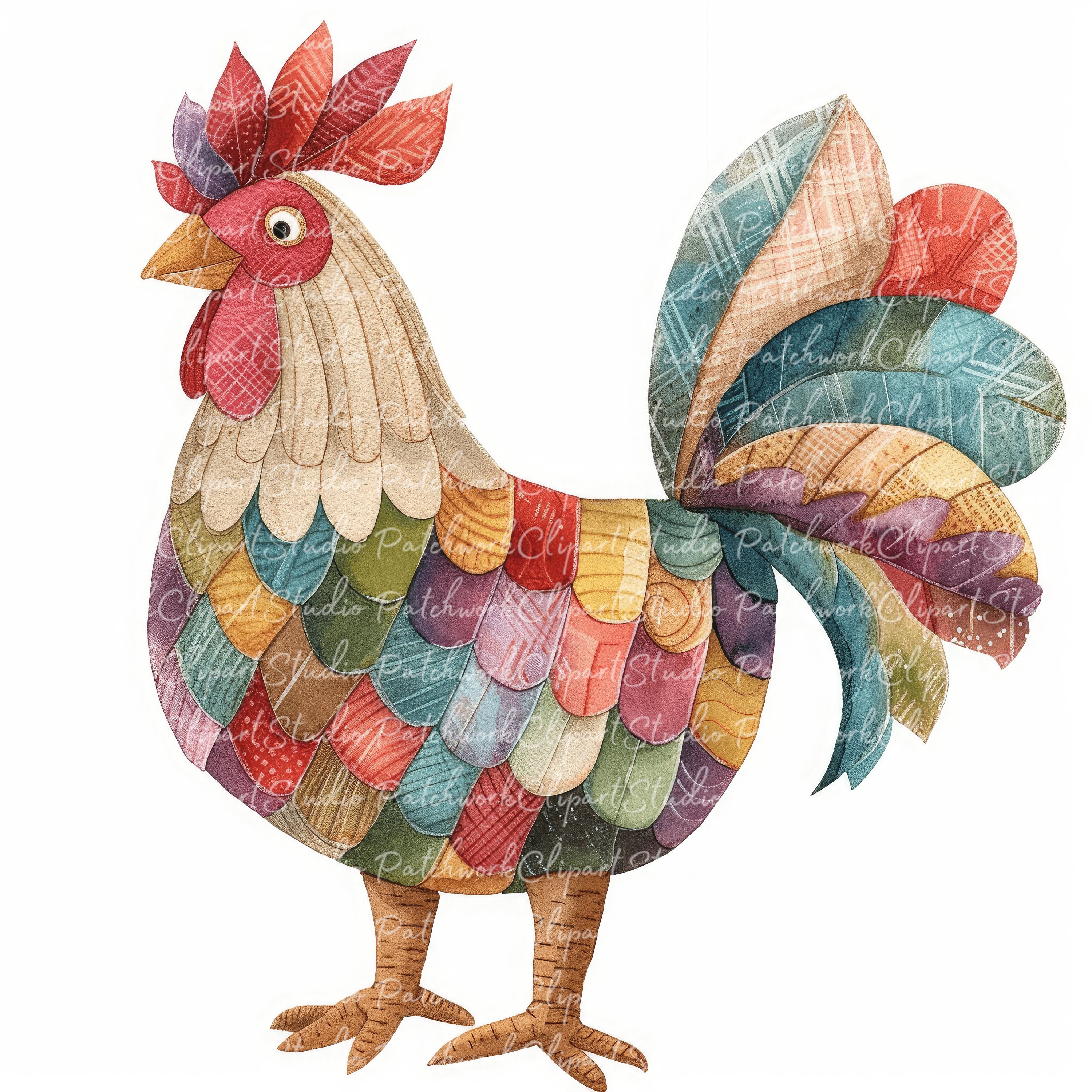 10 Roosters Clipart Bundle, Printable Patchwork Rooster, Quilted Fabric ...