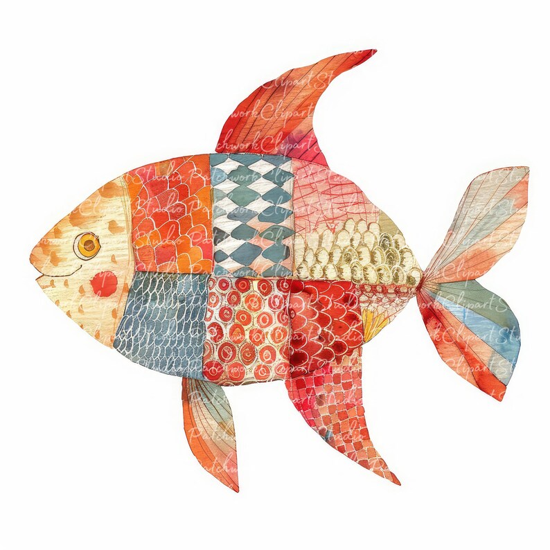 10 Fish Clipart Bundle, PNG & JPG, Printable Patchwork Fish ...