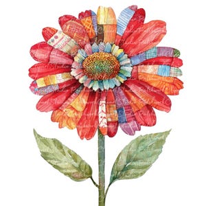 10 Gerbera Flowers Clipart Bundle, PNG & JPG, Printable Patchwork Illustrations, Digital Download, Scrapbook Crafting, Gerbera Daisy Image