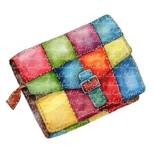 May include: A colorful patchwork fabric purse with a brown leather strap and buckle. The purse is made of different colored squares sewn together with a decorative stitch.