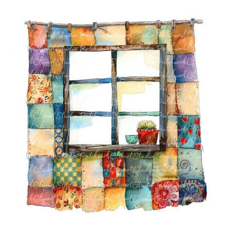 Patchwork Designs Window 10 Windowsills Clipart Bundle, PNG & JPG, Printable Patchwork ...