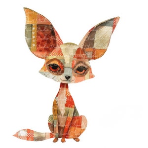 May include: A whimsical illustration of a fox made from colorful patchwork fabric. The fox is sitting with its ears perked up and has a friendly expression.