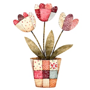 10 tulpen in pot Clipartbundel, PNG en JPG, afdrukbare patchwork, illustraties, digitale download, plakboek, kleurrijke tulpenquiltafbeelding