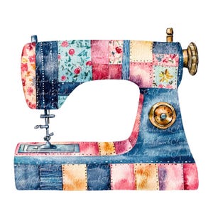 May include: Watercolor illustration of a sewing machine with a patchwork design. The machine features a mix of floral and solid fabric patches in shades of pink, blue, and yellow. The design includes a gold-colored button and a spool.