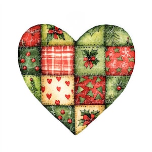 Pacchetto di 10 clipart di cuori natalizi, PNG e JPG, patchwork stampabile, illustrazioni natalizie, download digitale, creazione di album, immagine per quilt