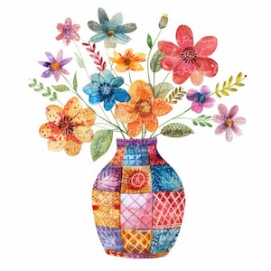 Peut inclure: Un bouquet de fleurs coloré dans un vase en patchwork. Les fleurs sont dans des tons d'orange, jaune, rose, bleu et violet. Le vase est fait de différents tissus cousus ensemble dans un motif de patchwork.