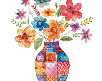 10 Flowers in Vase Clipart Bundle, PNG & JPG, Printable Patchwork Flower, Illustrations, Digital Download, Scrapbook Crafting, Quilt Image