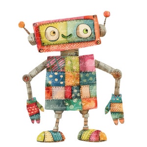 10 robots clipartbundel, png en jpg, afdrukbare patchworkrobot, illustraties, digitale download, scrapbooking, quiltafbeelding robot