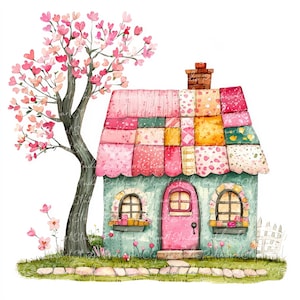 10 Spring Cottage Clipart Bundle, PNG & JPG, Printable Patchwork, Pink House Illustration, Digital Download, Scrapbook Crafting, Quilt Image