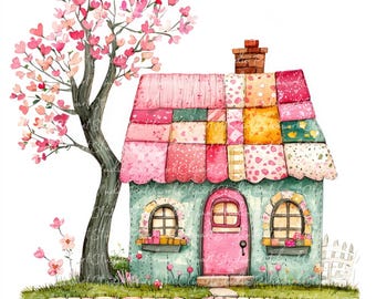 10 Spring Cottage Clipart Bundle, PNG & JPG, Printable Patchwork, Pink House Illustration, Digital Download, Scrapbook Crafting, Quilt Image