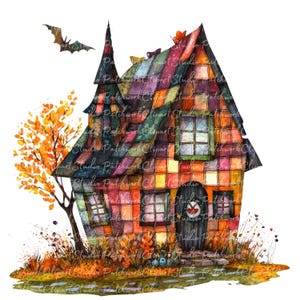 10 halloween heksenhuis clipartbundel, png en jpg, afdrukbare patchwork huisillustraties, digitale download, scrapbook ambachten, quiltafbeelding