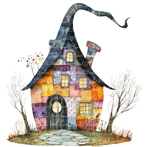 May include: A watercolour illustration of a quirky patchwork house with a tall, curved roof. The house is made of colourful squares and rectangles, with a dark door and glowing windows. Bare trees and a stone path complete the charming scene.