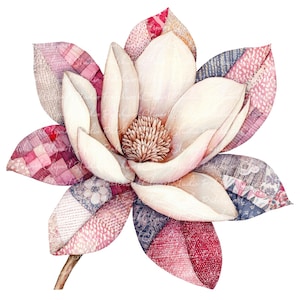 Könnte beinhalten: Eine weiße Magnolienblüte mit Blütenblättern aus Patchworkstoff in Rosa-, Rot- und Blautönen. Die Blüte ist vor einem weißen Hintergrund isoliert.
