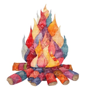 May include: A watercolour illustration of a campfire with flames crafted from patchwork fabric in red, orange, yellow, and purple hues. The logs at the base are also patchwork. The image has the text "Patchwork Clipart Studio".