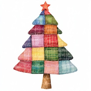 10 bundle di clipart di alberi di Natale colorati, PNG e JPG, patchwork stampabile, illustrazioni, download digitale, scrapbooking, immagine quilt