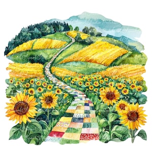 Peut inclure: Une peinture à l'aquarelle d'un chemin de briques jaunes sinueux menant à travers un champ de tournesols. Le chemin est fait de carrés de patchwork colorés. L'arrière-plan présente des collines verdoyantes et un ciel bleu.