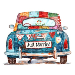 10 Just Married Auto Clipart Bundle, PNG & JPG, Patchwork, Illustrationen, Digital Download, Hochzeitsauto, Basteln, Quilt Bild