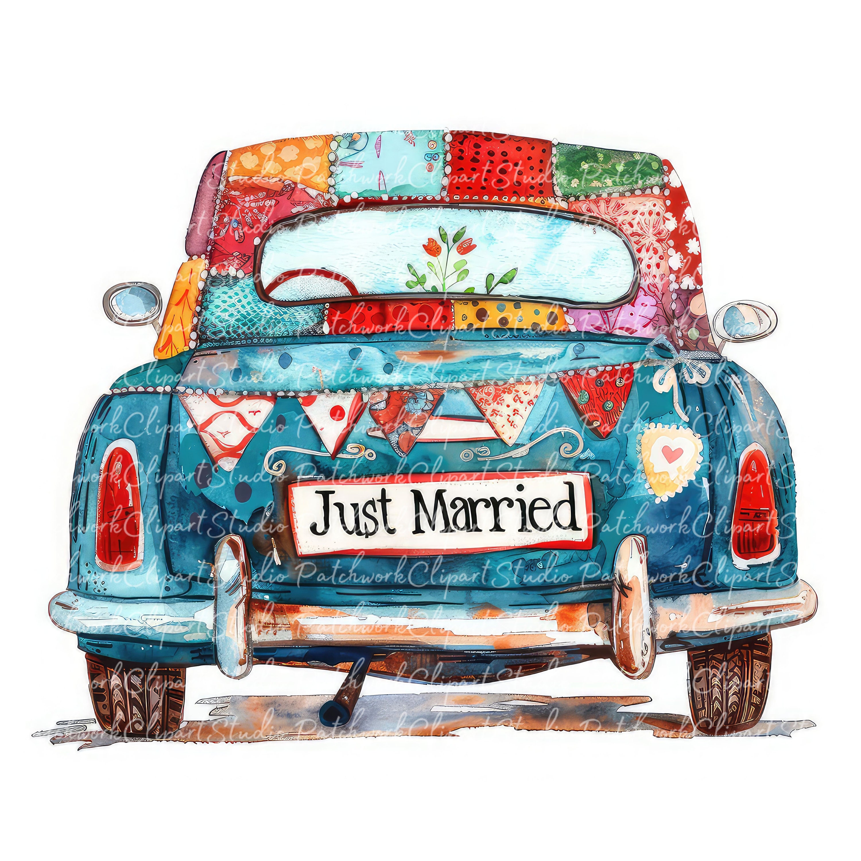 10 Just Married Car Clipart Bundle, PNG & JPG, Printable Patchwork, Illustrations, Digital Download, Wedding Car, Crafting, Quilt Image