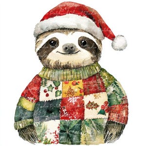 Puede incluir: Una ilustración de acuarela de un perezoso con un gorro de Papá Noel rojo y un suéter de patchwork colorido. El perezoso tiene una expresión feliz y mira directamente al espectador.