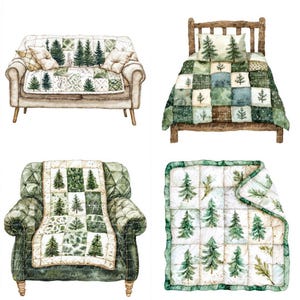 May include: Watercolor illustrations of home furnishings with a forest theme. The image includes a sofa, bed, armchair, and blanket, all featuring a patchwork design with green and white pine trees.