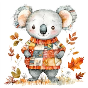 May include: A cute cartoon koala wearing a colourful patchwork sweater with orange, red, yellow, and blue accents. The koala is surrounded by autumn leaves in shades of orange, yellow, and brown.
