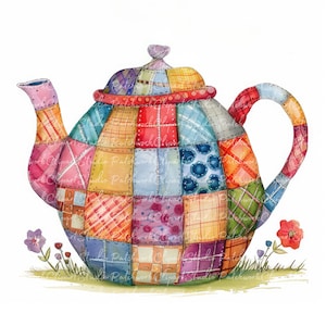 May include: A colorful patchwork teapot with a red lid and a handle. The teapot is sitting on a patch of green grass with small purple and red flowers.