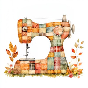 10 herfst naaimachine clipartbundel, png en jpg afdrukbare patchwork, naaiillustratie, digitale download, scrapbook ambachten, quiltafbeelding