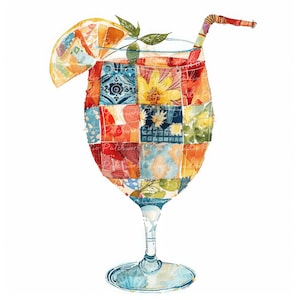 10 Cocktail Clipart Bundle, PNG e JPG, Cocktail Patchwork Stampabile, Illustrazioni, Download Digitale, Scrapbook Crafting, Immagine Quilt