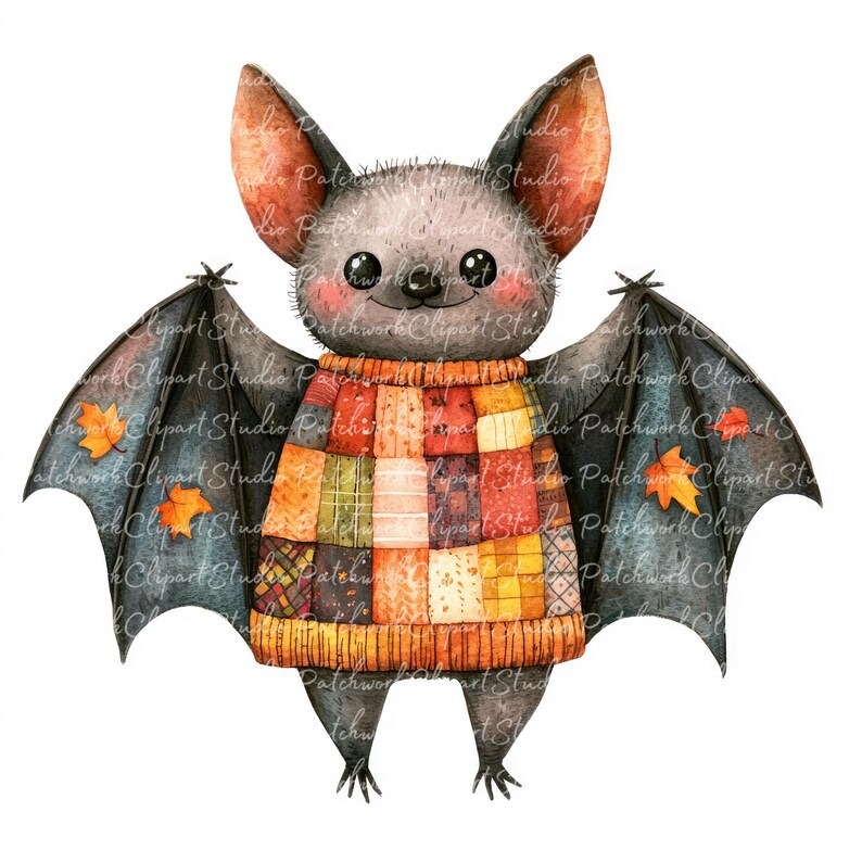 10 Autumn Bat Clipart Bundle, PNG & JPG, Printable Patchwork, Bat in ...