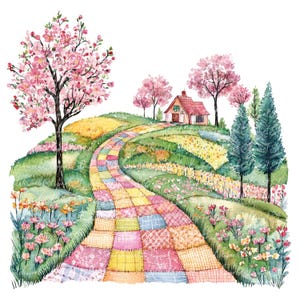 10 Spring Landscape Clipart Bundle, PNG i JPG, Wydrukowalny Patchwork, Ilustracja Pink Spring Road, Pobieranie cyfrowe, Album, Obraz kołdry