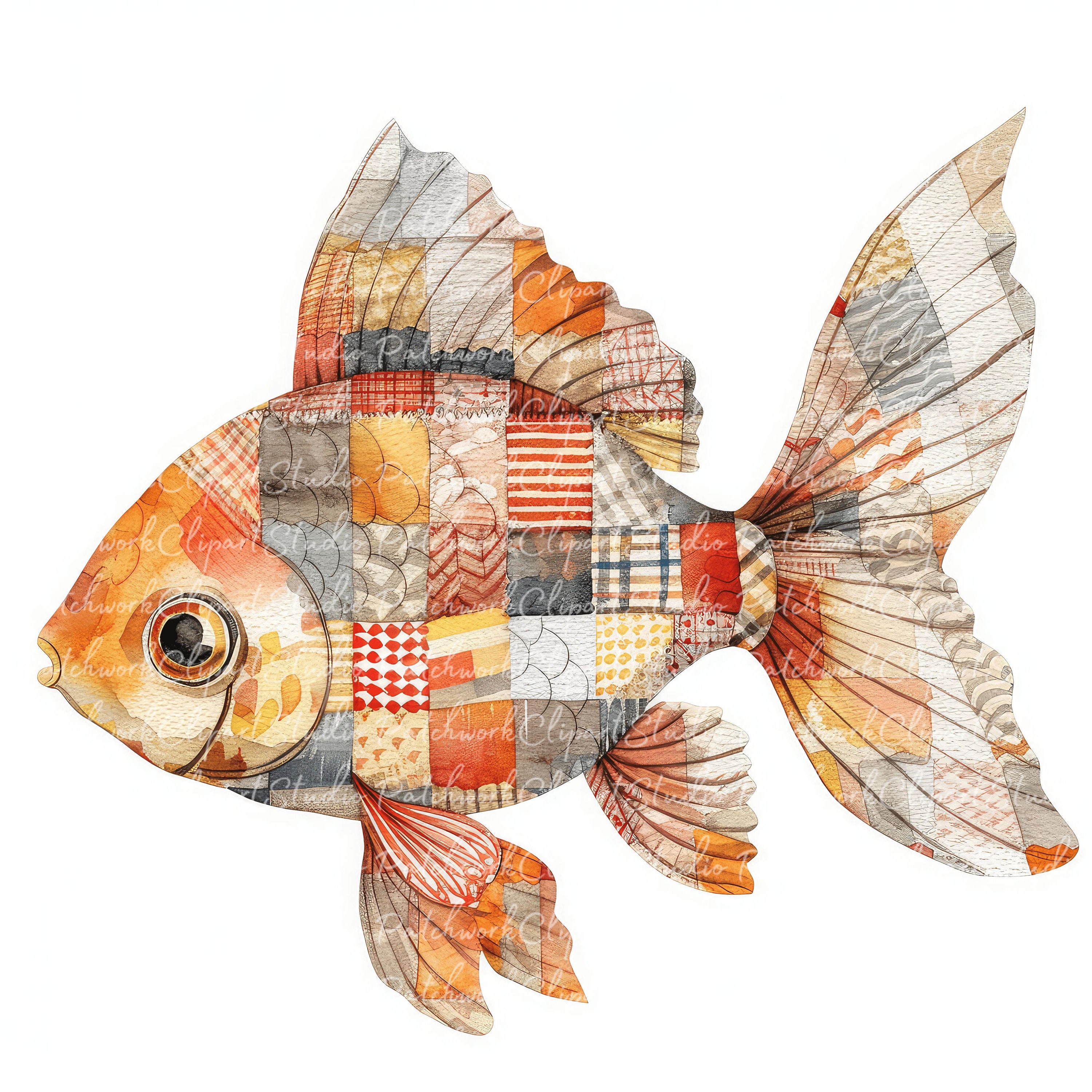 Patchwork Fish Design 10 Goldfish Clipart Bundle, PNG & JPG, Printable Patchwork Fish ...