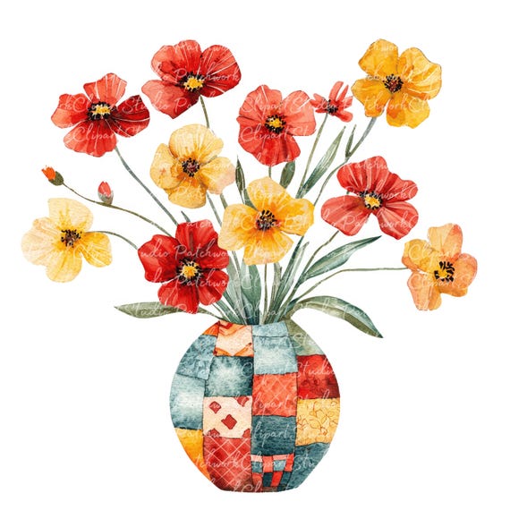 人物画 花のモチーフ 赤と黄色 花瓶に入った赤と黄色の花 10 個セット クリップアート バンドル、PNG