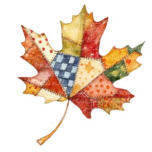 May include: A watercolor illustration of a maple leaf with a patchwork design. The leaf features various fabric patterns in shades of red, orange, yellow, and blue, stitched together with dark thread. The leaf has a stem.