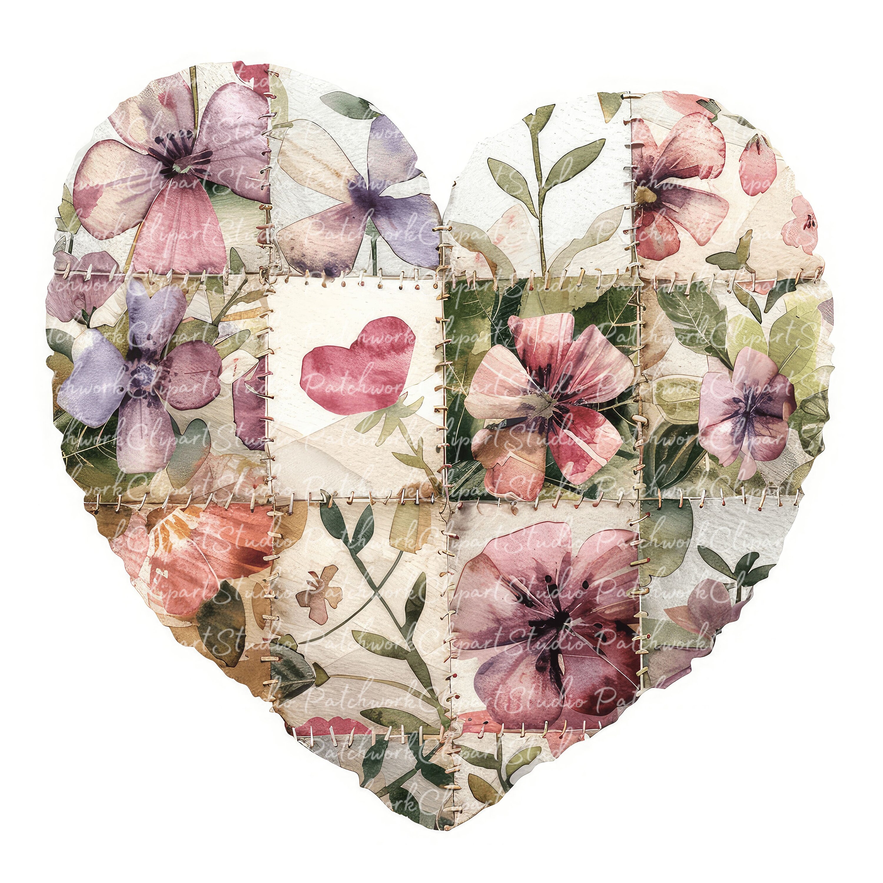 10 Floral Heart Clipart Bundle, PNG & JPG, Printable Patchwork Hearts ...