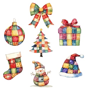 10 patchwork kerst clipartbundel, png en jpg, afdrukbare patchwork, kerstillustraties, digitale download, scrapbooking, quiltafbeelding