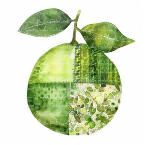 Puede incluir: Un limón verde de patchwork con un tallo y hojas. El limón está hecho de diferentes patrones de tela verde, incluyendo diseños florales y geométricos.