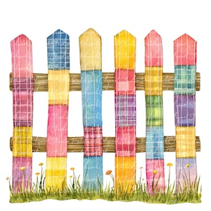Può includere: Illustrazione ad acquerello di una staccionata colorata con motivi a quadri nei toni del rosa, blu, giallo e verde. La staccionata è su sfondo bianco con erba e piccoli fiori gialli alla base. Il testo "Patchwork Studio Clipart" è visibile.