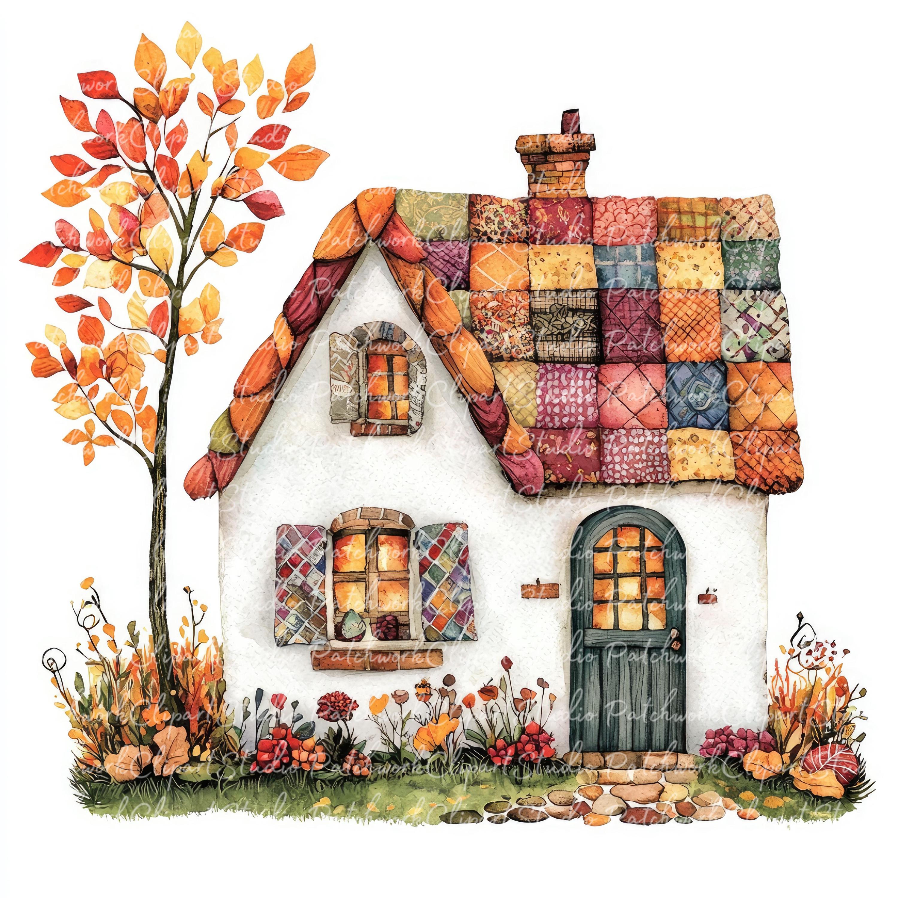 10 Autumn Cottage Clipart Bundle, PNG & JPG, Printable Patchwork ...