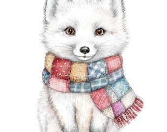10 Arctic Fox in Winter Clipart Bundle, PNG & JPG, Printable Patchwork White Fox Illustrations, Digital Download, Scrapbook, Polar Fox Image