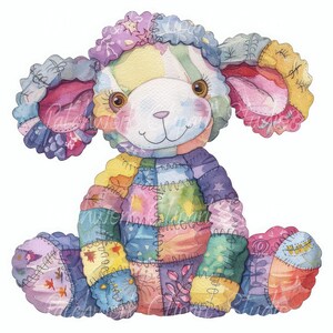 May include: A colorful patchwork lamb toy with a sweet expression. The lamb is made of various fabrics in shades of pink, purple, blue, green, yellow, and orange. The lamb has a white face with brown eyes and a stitched smile.